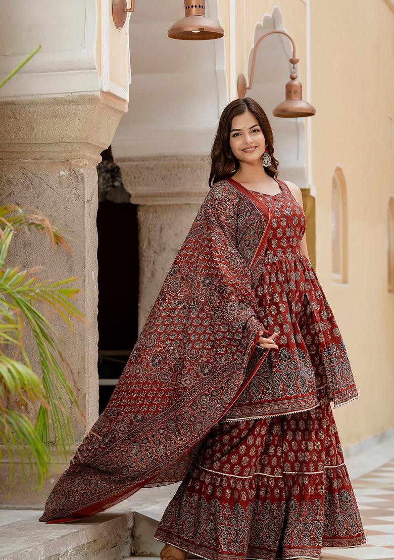 Maroon Printed Pure Cotton Sharara Set With Dupatta