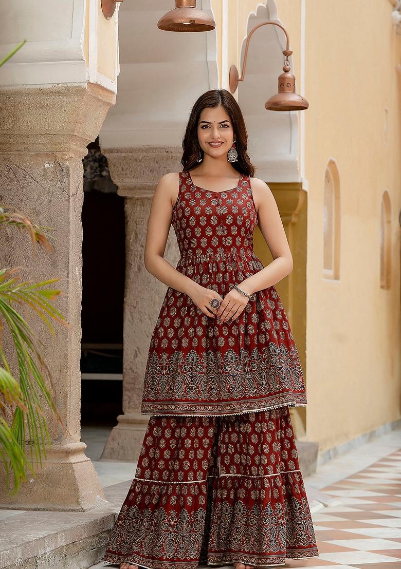 Maroon Printed Pure Cotton Sharara Set With Dupatta