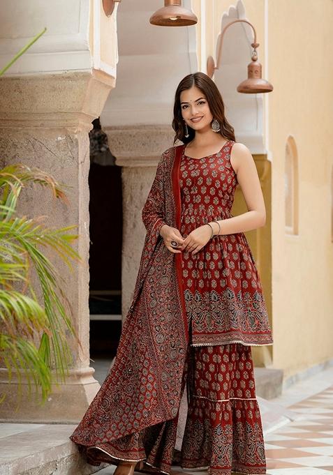 Maroon Printed Pure Cotton Sharara Set With Dupatta
