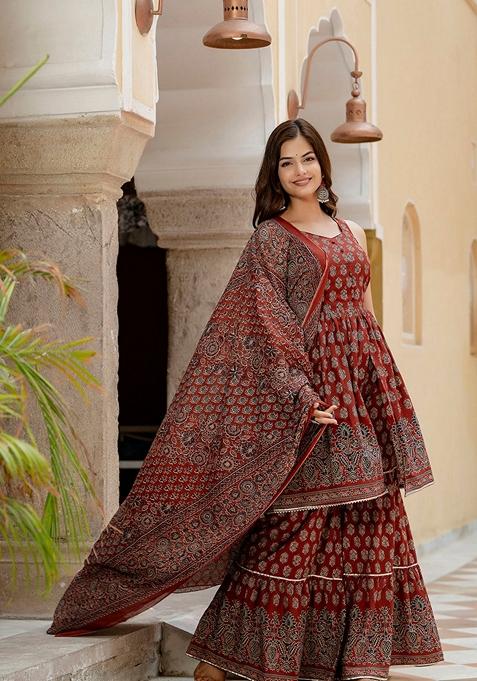Maroon Printed Pure Cotton Sharara Set With Dupatta