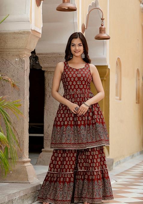 Maroon Printed Pure Cotton Sharara Set With Dupatta
