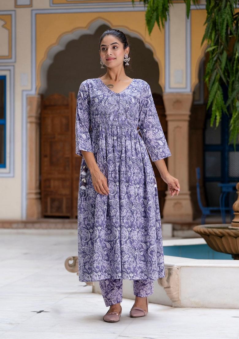 Purple Printed Pure Cotton Anarkali Set With Dupatta