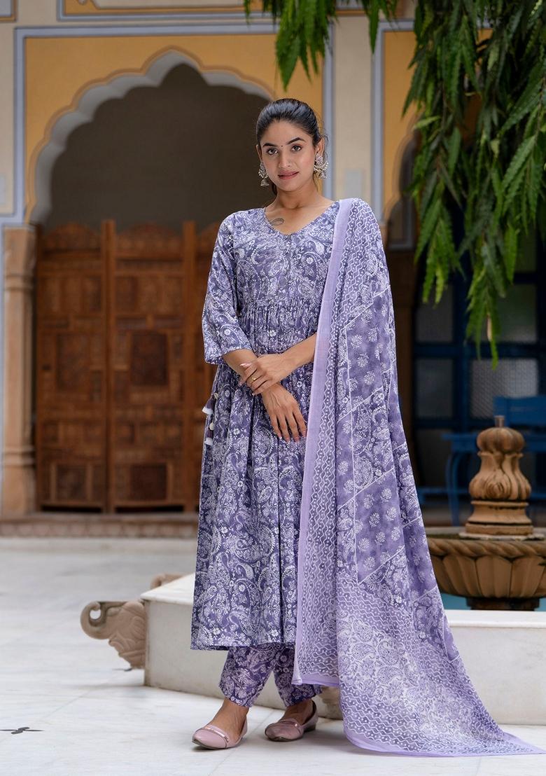 Purple Printed Pure Cotton Anarkali Set With Dupatta