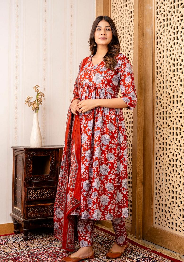Maroon Printed Pure Cotton Salwar Kameez With Dupatta