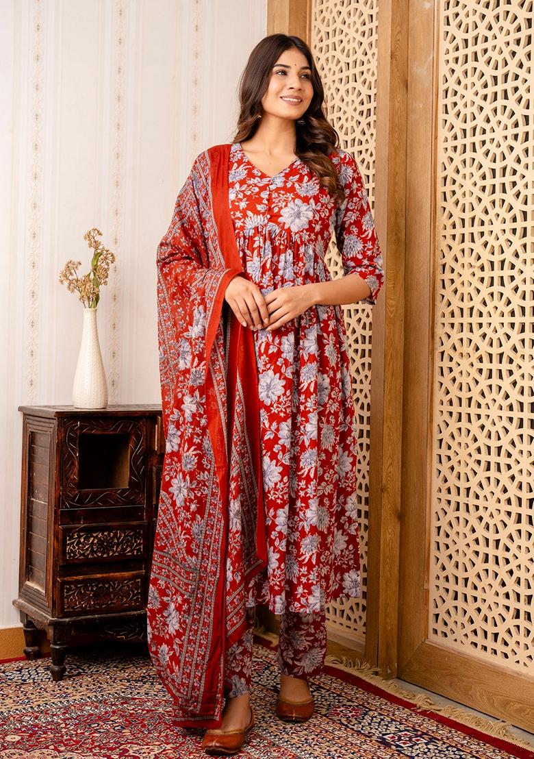 Maroon Printed Pure Cotton Salwar Kameez With Dupatta
