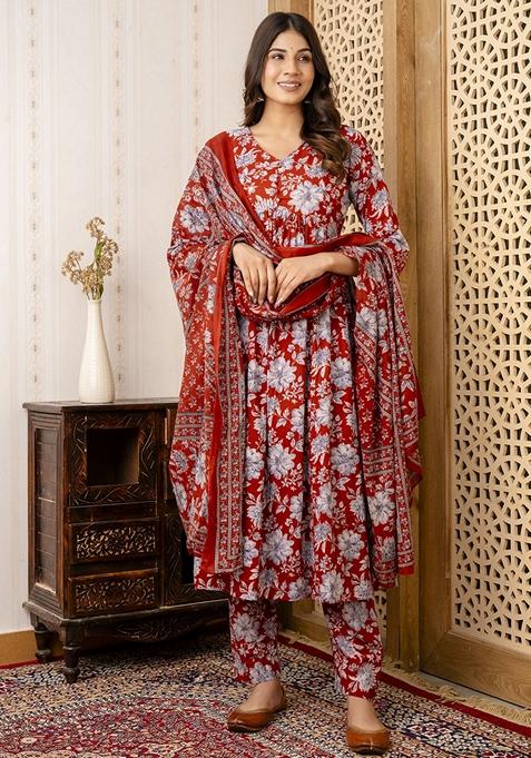 Maroon Printed Pure Cotton Salwar Kameez With Dupatta