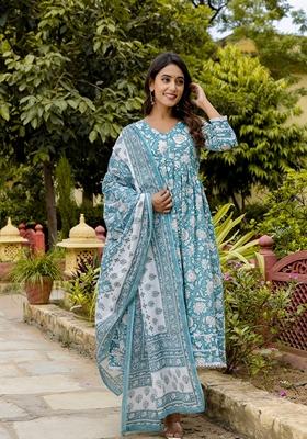 Blue Printed Pure Cotton Anarkali Set With Dupatta