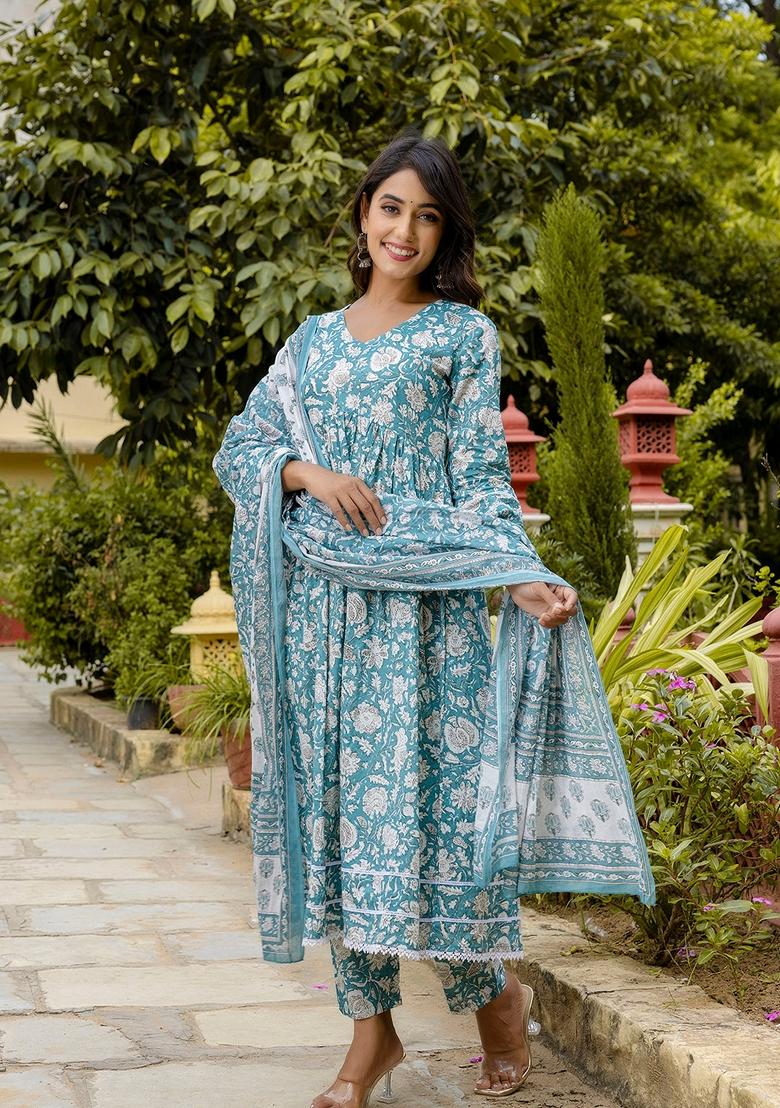 Blue Printed Pure Cotton Anarkali Set With Dupatta