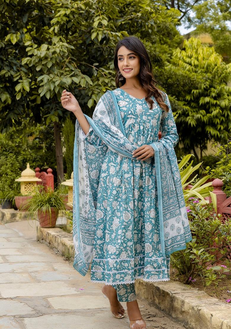 Blue Printed Pure Cotton Anarkali Set With Dupatta