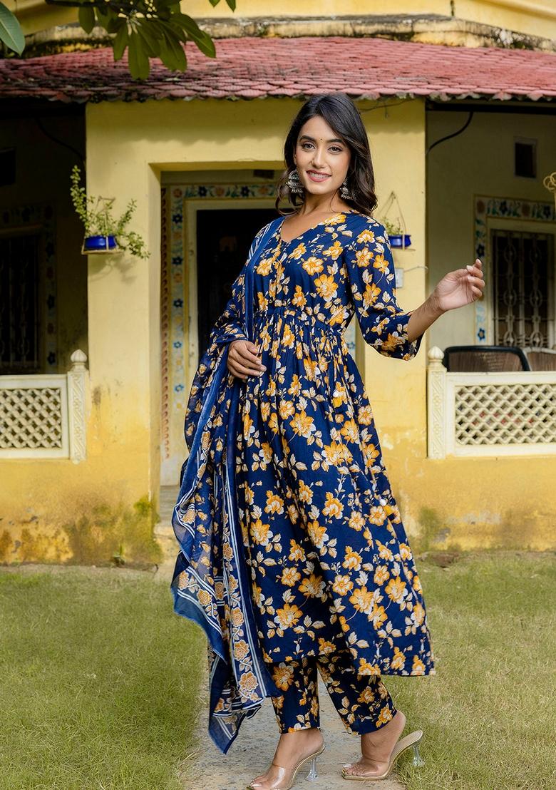 Navy Blue Printed Pure Cotton Anarkali Set With Dupatta
