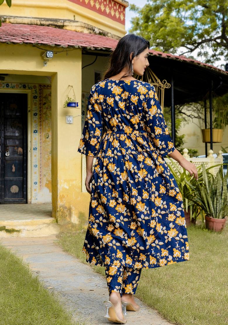Navy Blue Printed Pure Cotton Anarkali Set With Dupatta