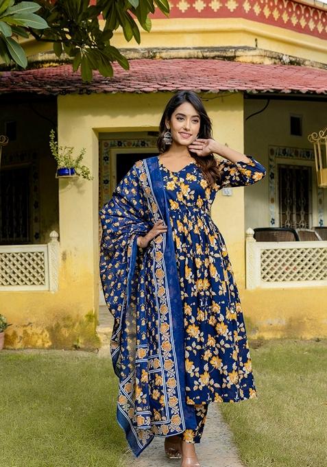 Navy Blue Printed Pure Cotton Anarkali Set With Dupatta