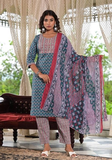 Teal Blue Printed Cotton Salwar Kameez With Dupatta