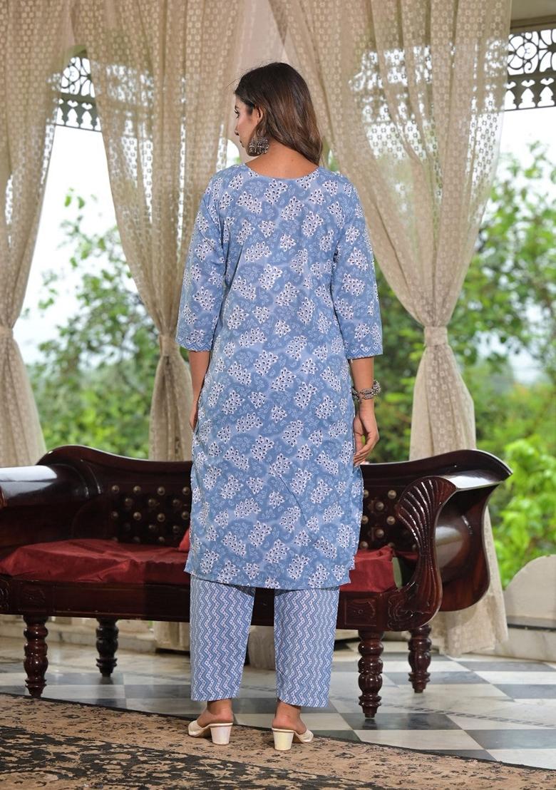 Blue Printed Cotton Salwar Kameez With Dupatta