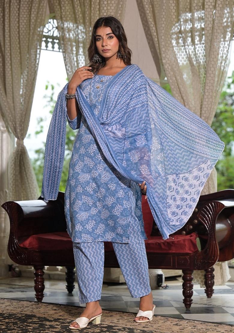 Blue Printed Cotton Salwar Kameez With Dupatta