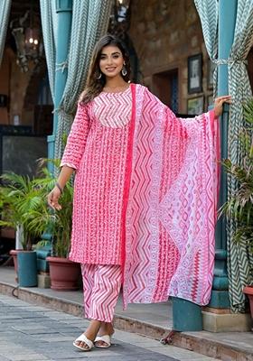 Pink Printed Cotton Salwar Kameez With Dupatta