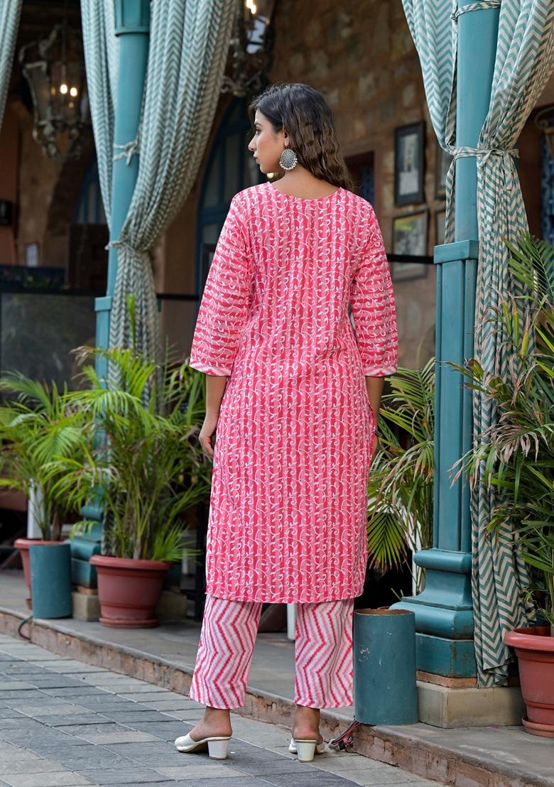 Pink Printed Cotton Salwar Kameez With Dupatta