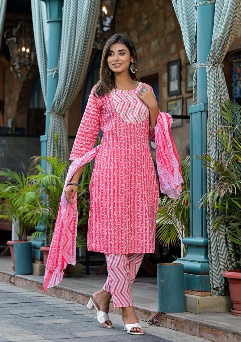 Pink Printed Cotton Salwar Kameez With Dupatta