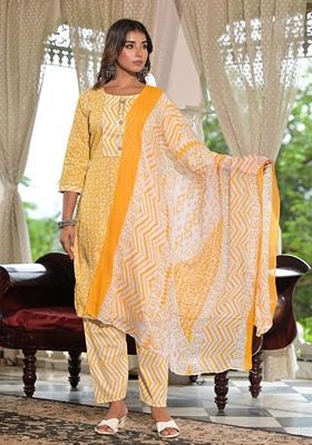 Mustard Yellow Printed Cotton Salwar Kameez With Dupatta
