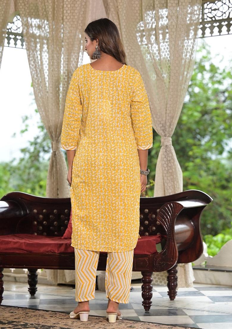 Mustard Yellow Printed Cotton Salwar Kameez With Dupatta