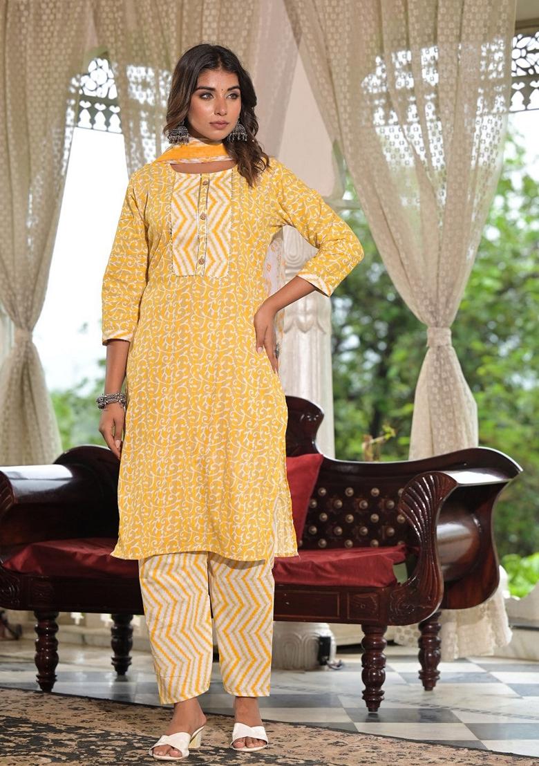 Mustard Yellow Printed Cotton Salwar Kameez With Dupatta