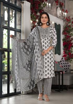 Black Printed Cotton Salwar Kameez With Dupatta