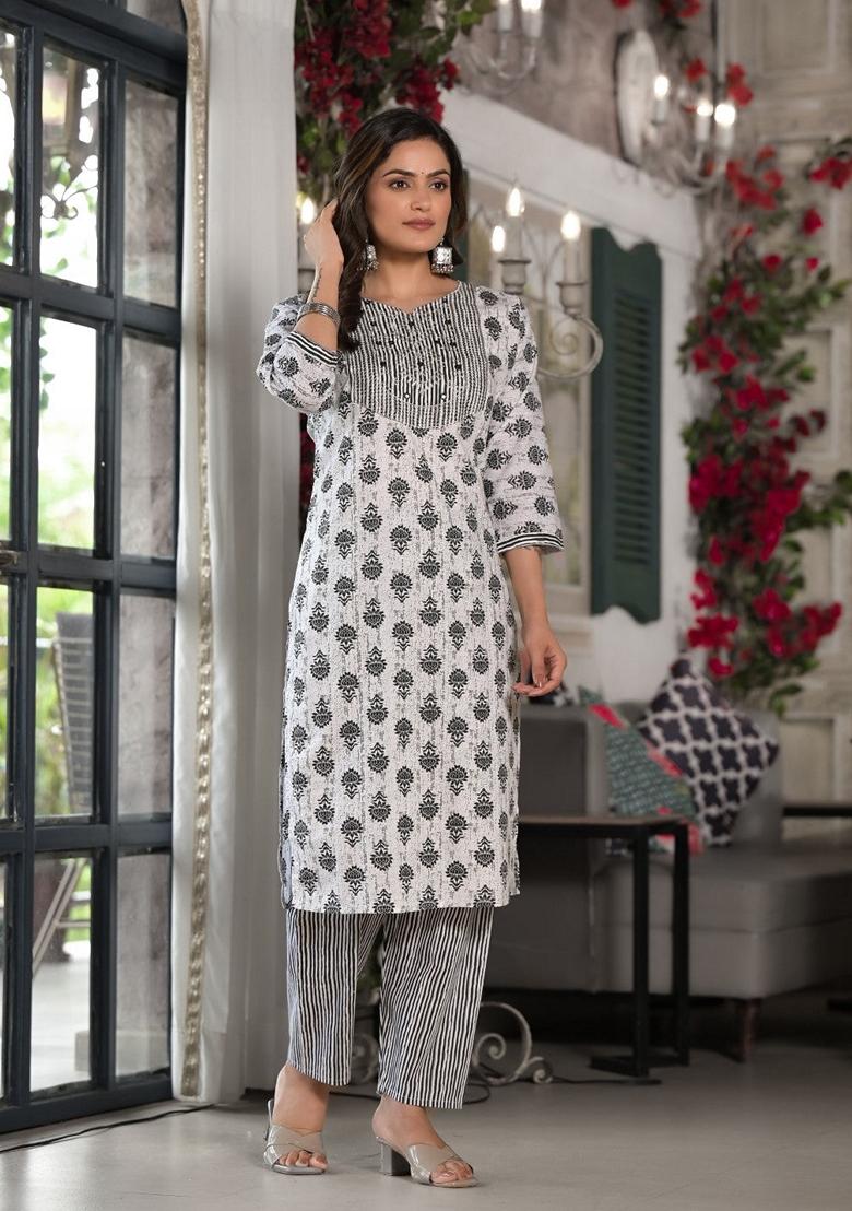 Black Printed Cotton Salwar Kameez With Dupatta
