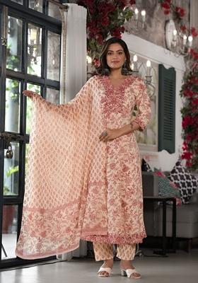 Pink Printed Rayon Salwar Kameez With Dupatta