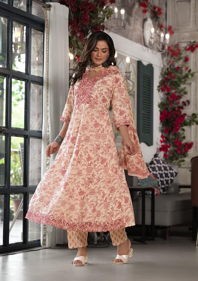 Pink Printed Rayon Salwar Kameez With Dupatta