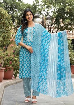 Blue Printed Cotton Salwar Kameez With Dupatta