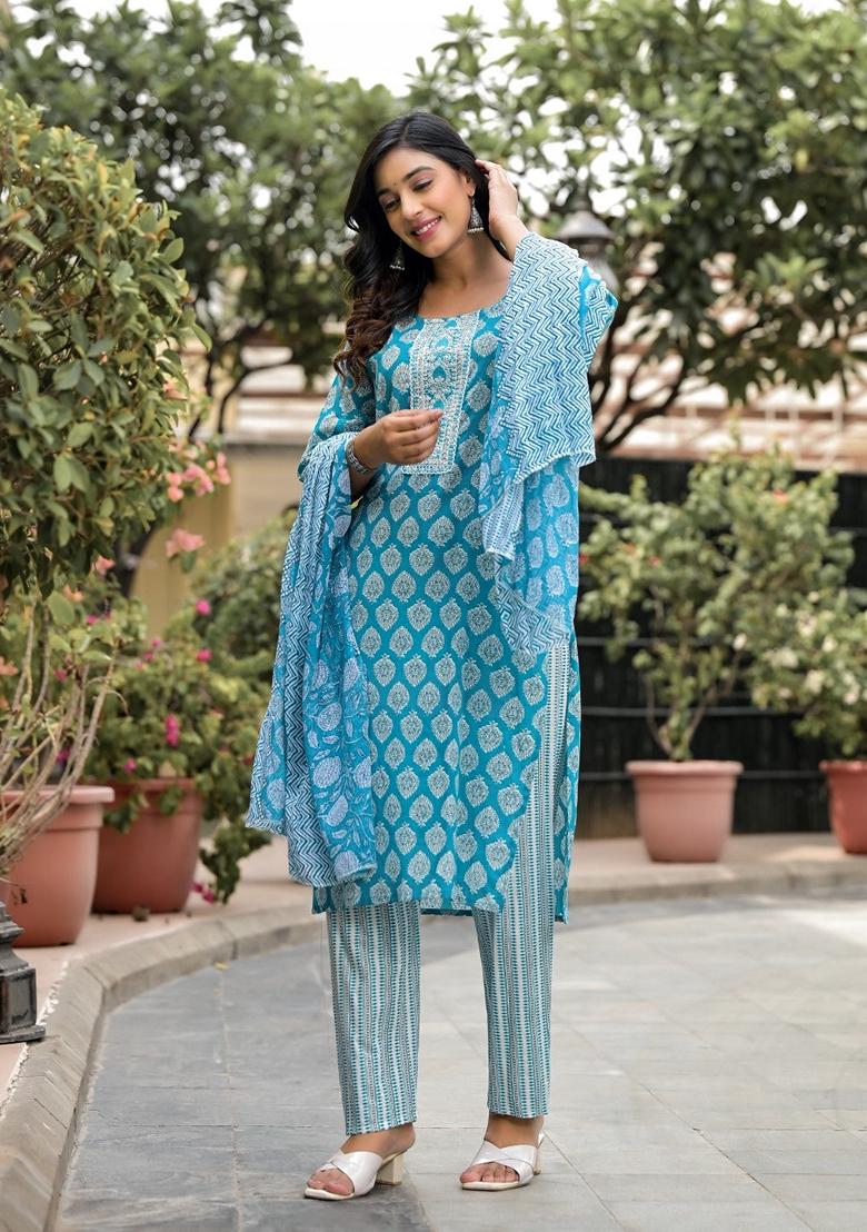 Blue Printed Cotton Salwar Kameez With Dupatta
