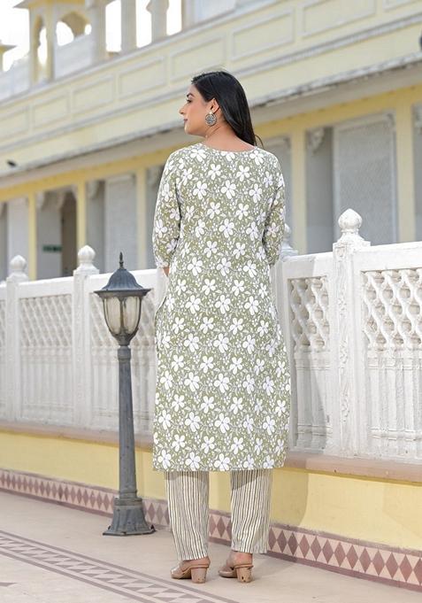 Green Printed Cotton Salwar Kameez With Dupatta