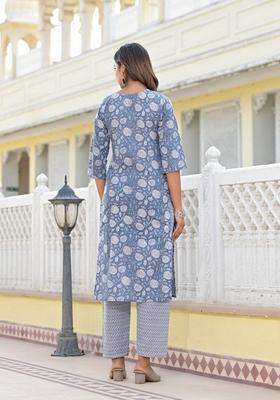 Grey Printed Cotton Salwar Kameez With Dupatta