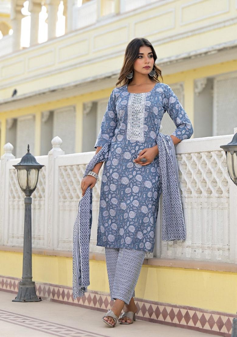 Grey Printed Cotton Salwar Kameez With Dupatta