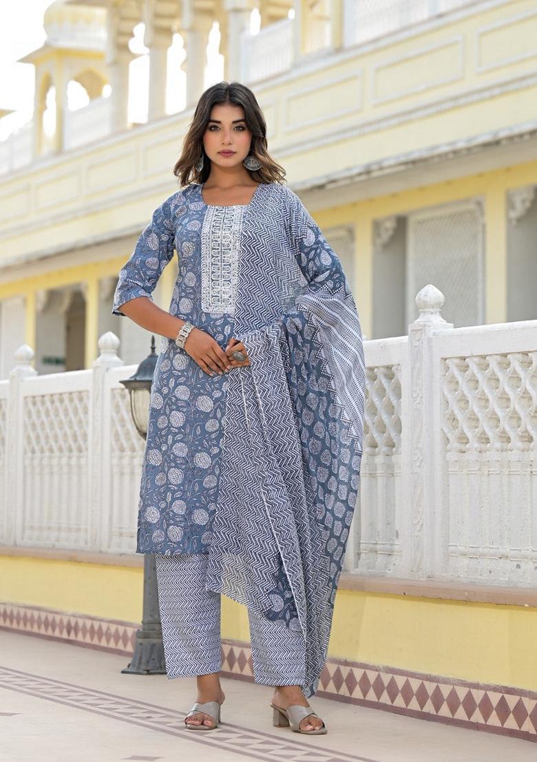 Grey Printed Cotton Salwar Kameez With Dupatta