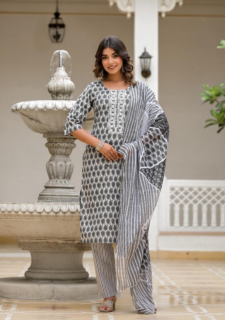 Grey Printed Cotton Salwar Kameez With Dupatta