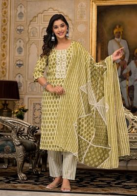 Green Printed Cotton Salwar Kameez With Dupatta