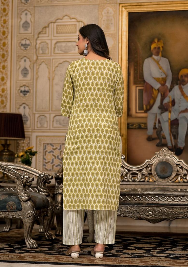 Green Printed Cotton Salwar Kameez With Dupatta