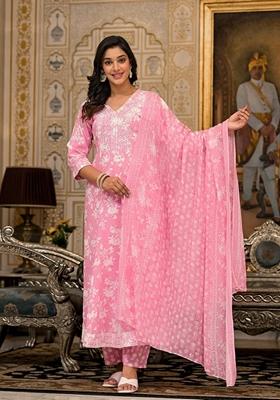Pink Printed Rayon Salwar Kameez With Dupatta