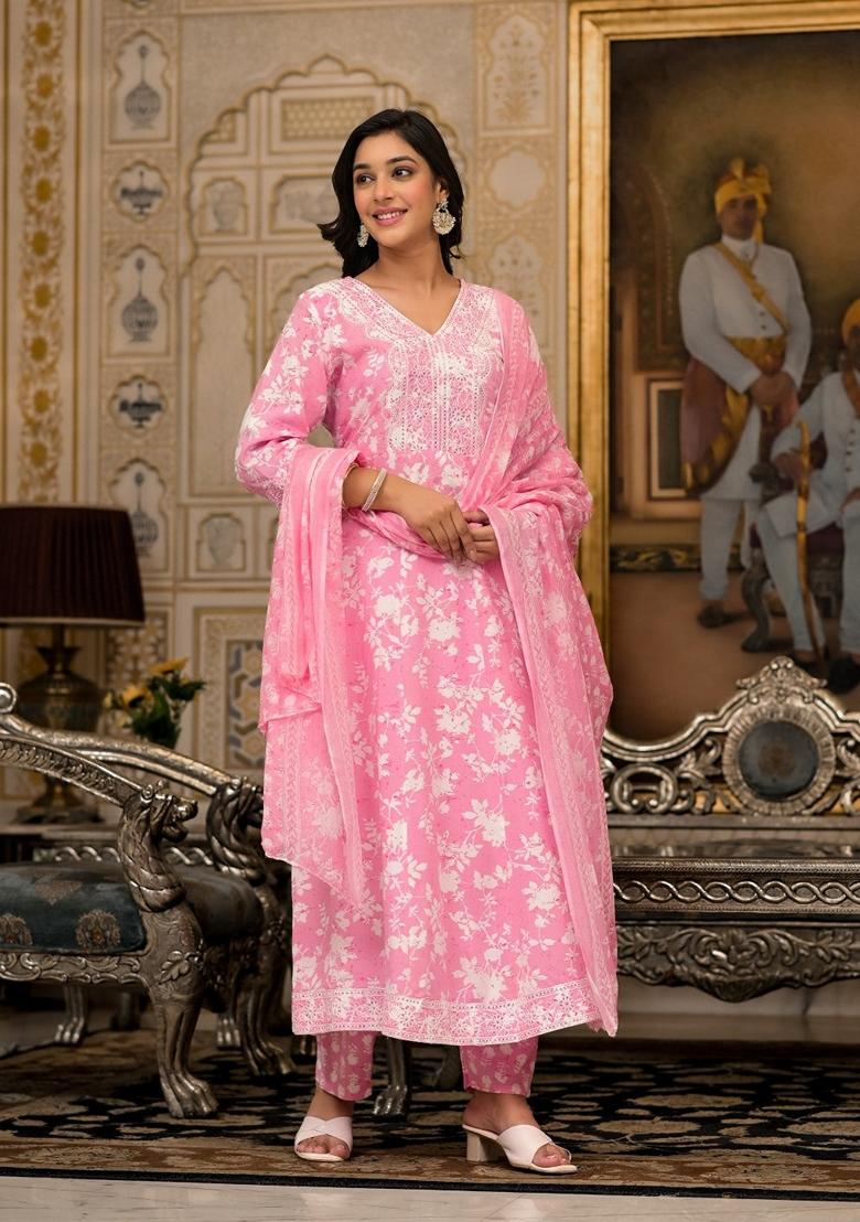 Pink Printed Rayon Salwar Kameez With Dupatta