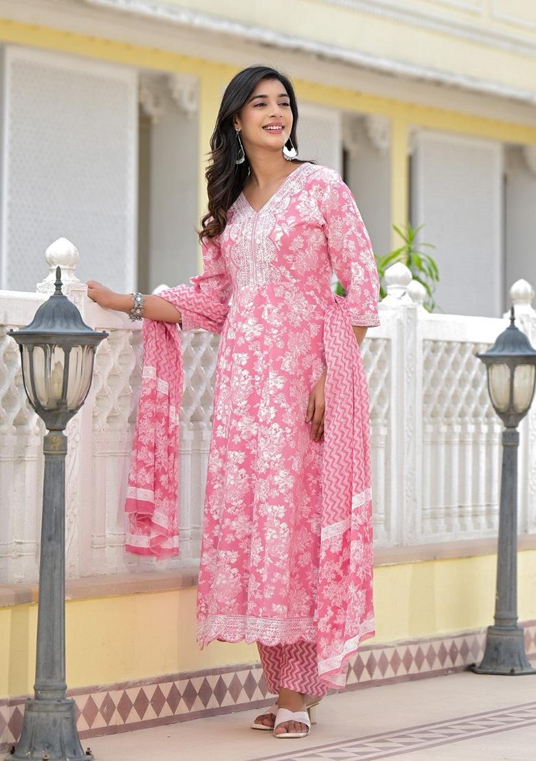 Pink Printed Rayon Salwar Kameez With Dupatta