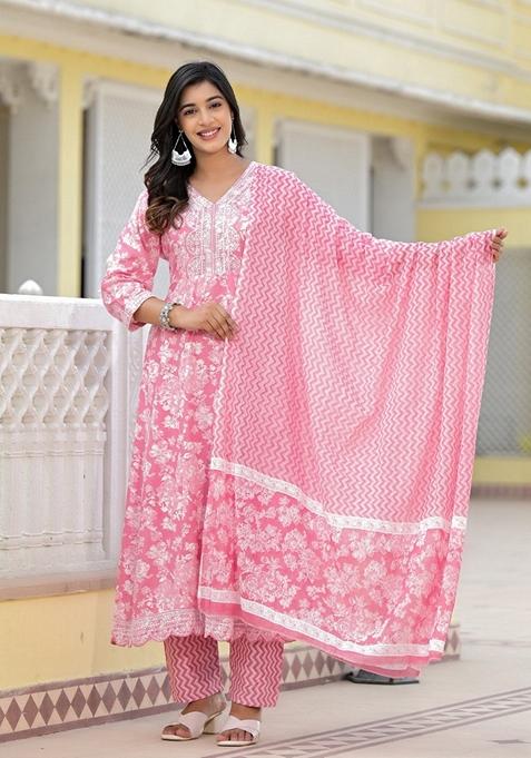 Pink Printed Rayon Salwar Kameez With Dupatta