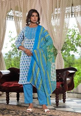 Blue Printed Cotton Salwar Kameez With Dupatta