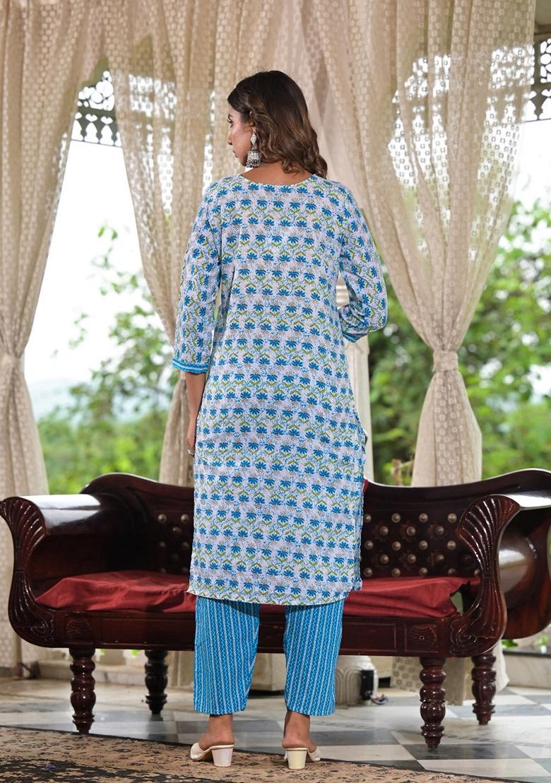 Blue Printed Cotton Salwar Kameez With Dupatta