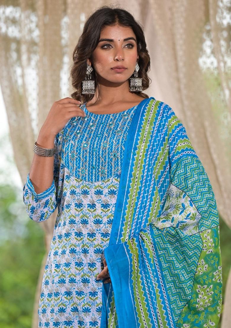 Blue Printed Cotton Salwar Kameez With Dupatta