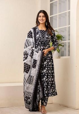 Black Printed Cotton Salwar Kameez With Dupatta