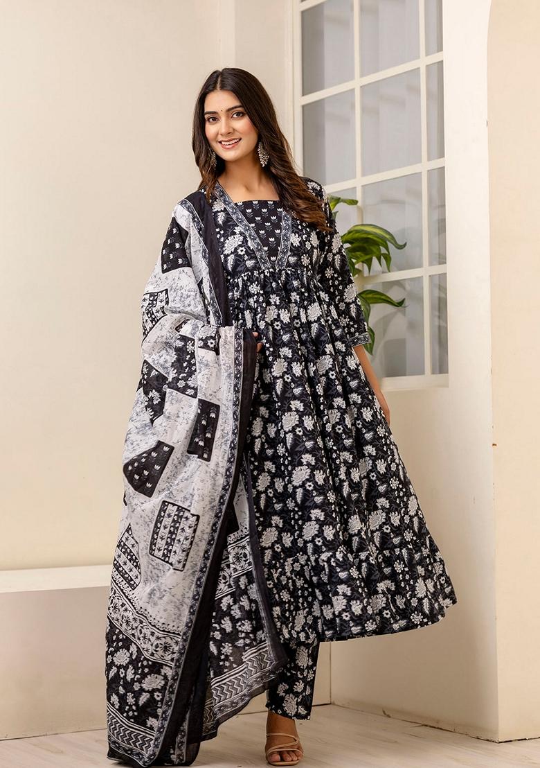 Black Printed Cotton Salwar Kameez With Dupatta