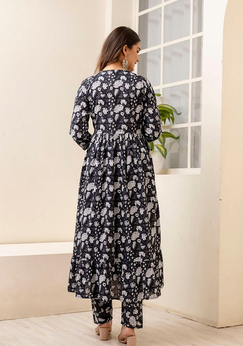Black Printed Cotton Salwar Kameez With Dupatta