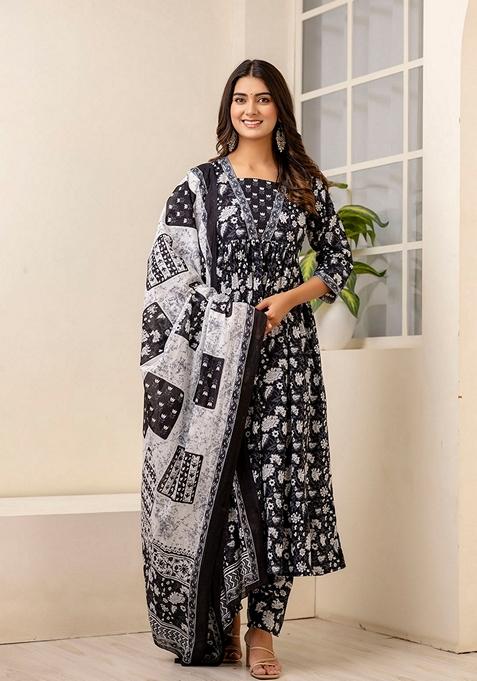 Black Printed Cotton Salwar Kameez With Dupatta
