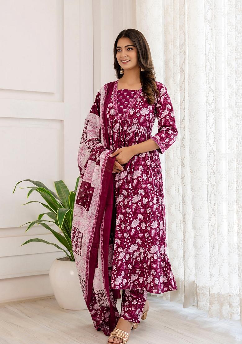 Purple Printed Cotton Salwar Kameez With Dupatta